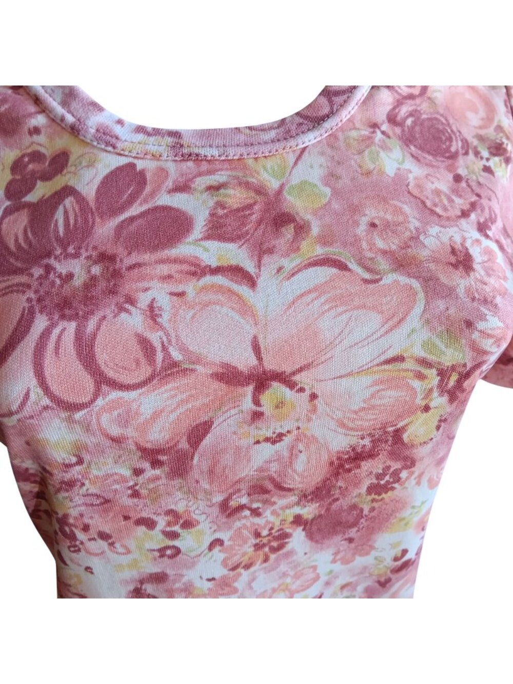 Women's T-shirt Single Stitch Medium 12 Vintage Pink Floral Polyester 70's Disco